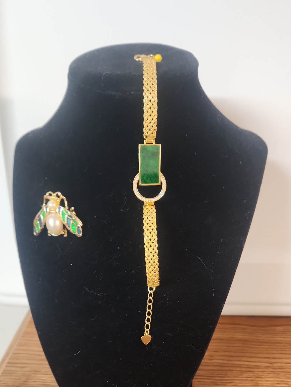 Gold-Tone Bracelet with Green Stone Accent With Green Bug Brooch
